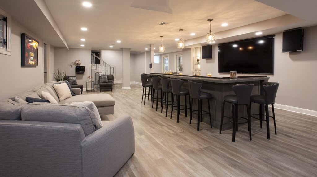 Finished basement entertainment area by Black Ridge Contracting in Des Moines Iowa with wet bar sectional sofa pendant lights and wall-mounted TV